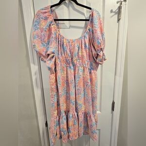 Simply Southern Pastel Pink Tropical Puff-Sleeve Dress